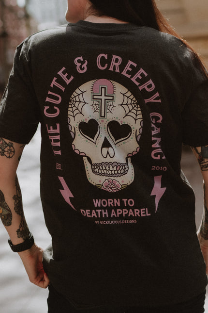 Dead Cute Sugar Skull Pink Cross & Rose | Back & front Print Grey T-shirt