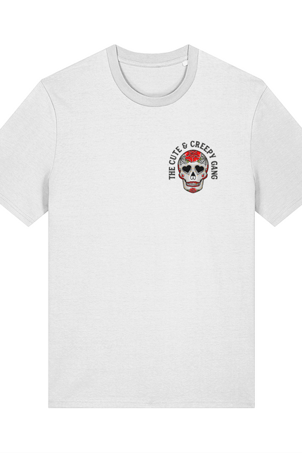 Cute & Creepy Gang | Red Rose Dead Cute Sugar Skull White T-shirt | Front & Back Print