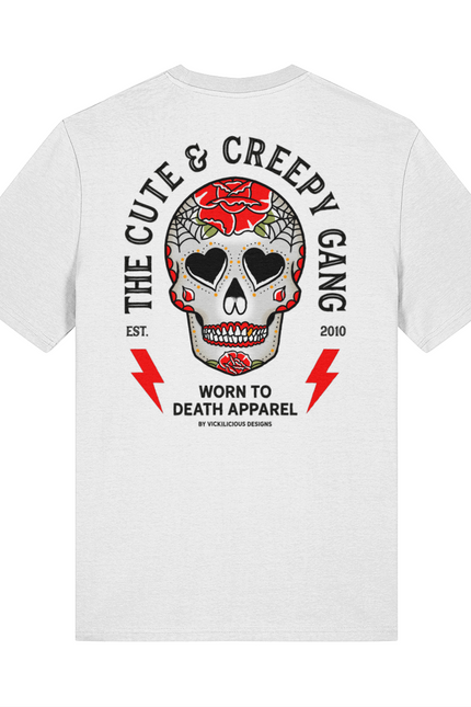 Cute & Creepy Gang | Red Rose Dead Cute Sugar Skull White T-shirt | Front & Back Print