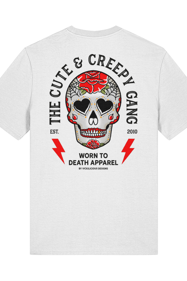 Cute & Creepy Gang | Red Rose Dead Cute Sugar Skull White T-shirt | Front & Back Print