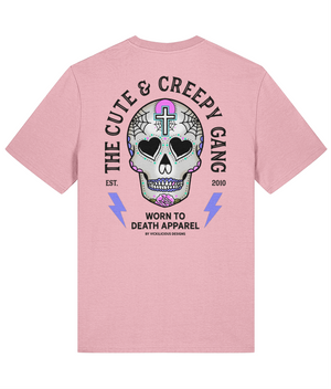 Cute & Creepy Gang Candy Pink Cross Dead Cute Sugar Skull - Front & Back Print