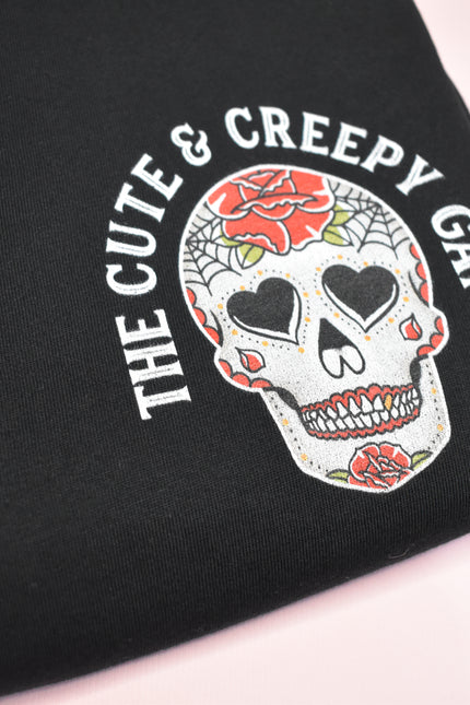 Cute & Creepy Gang red rose Dead Cute Sugar Skull black T-shirt - front and back print
