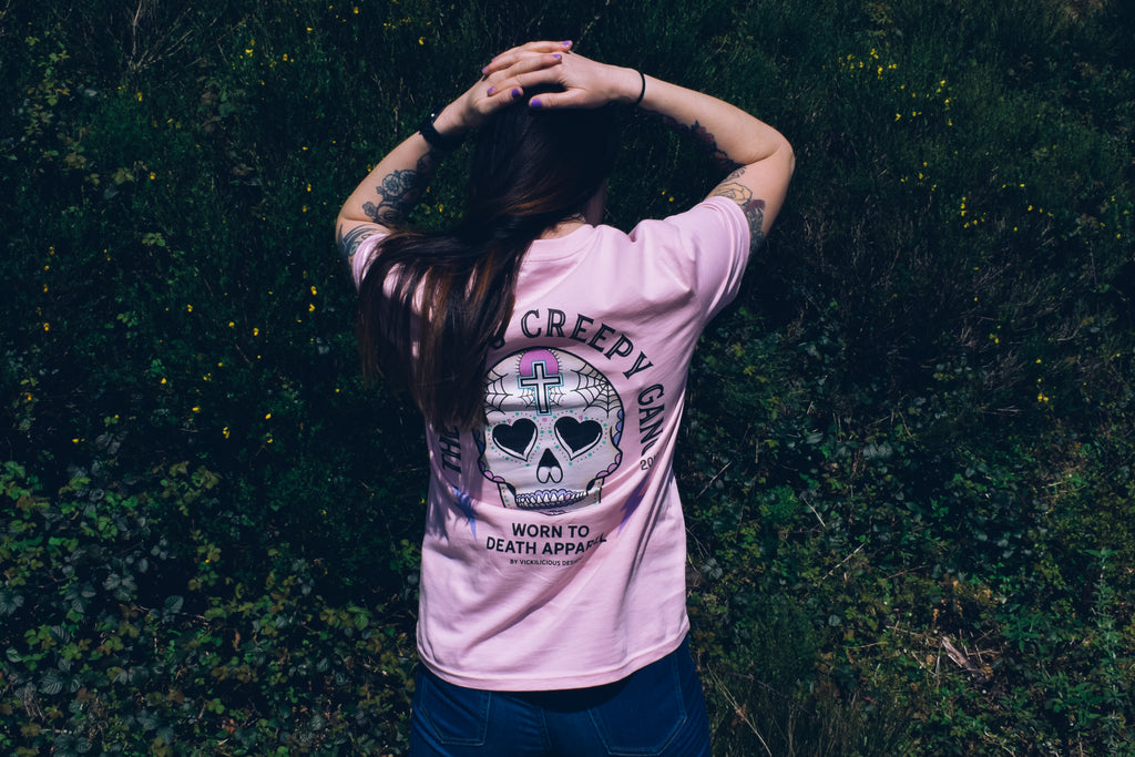 Cute & Creepy Gang Candy Pink Cross Dead Cute Sugar Skull - Front & Back Print