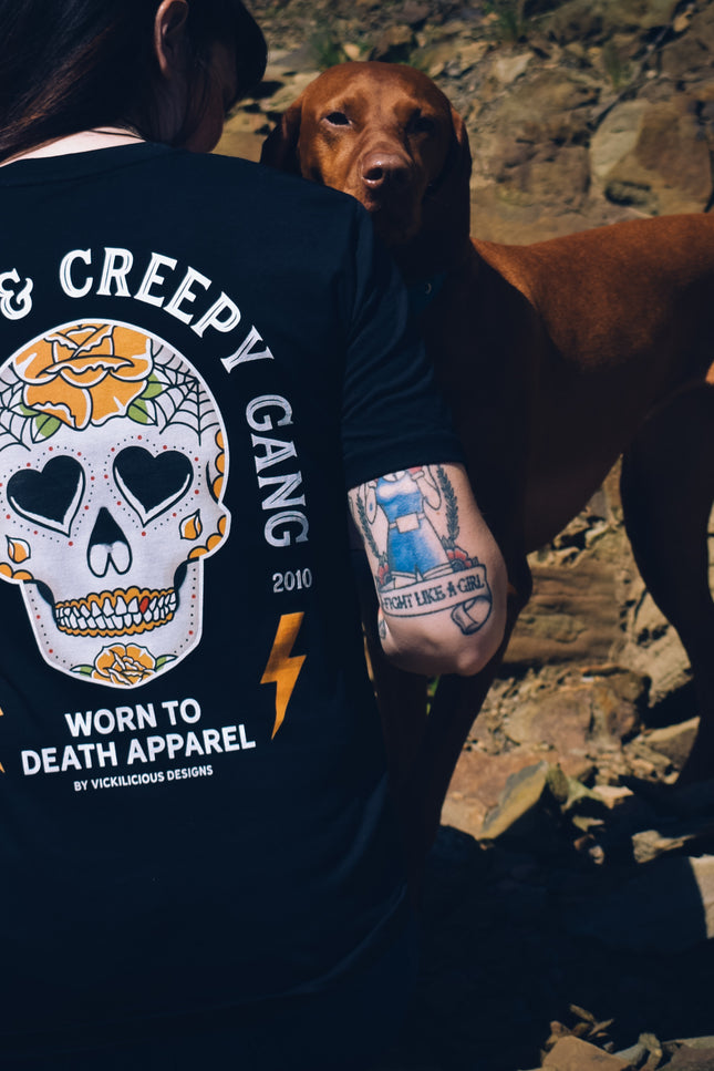Cute & Creepy Gang Yellow Rose Dead Cute Sugar Skull Black T-shirt - front and back print
