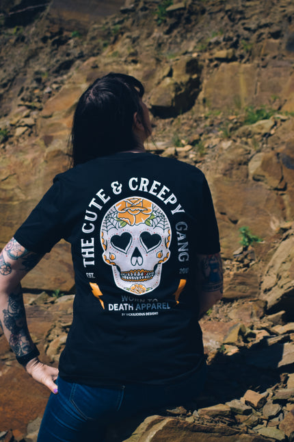 Cute & Creepy Gang Yellow Rose Dead Cute Sugar Skull Black T-shirt - front and back print
