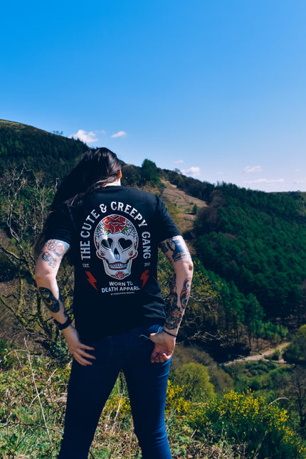 Cute & Creepy Gang red rose Dead Cute Sugar Skull black T-shirt - front and back print