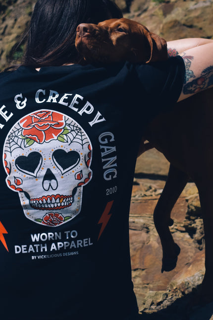 Cute & Creepy Gang red rose Dead Cute Sugar Skull black T-shirt - front and back print