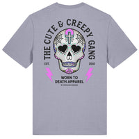 Cute Creepy Gang Pink Cross Dead Cute Sugar Skull Lavender T-shirt - Front & Back Print