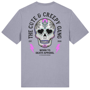 Cute Creepy Gang Pink Cross Dead Cute Sugar Skull Lavender T-shirt - Front & Back Print