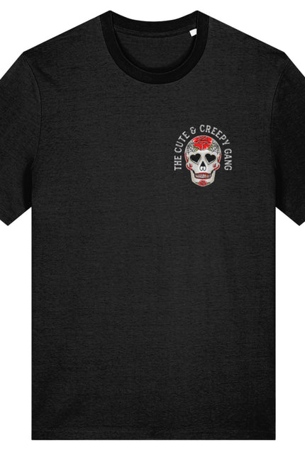 Cute & Creepy Gang red rose Dead Cute Sugar Skull black T-shirt - front and back print