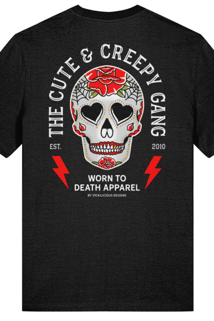 Cute & Creepy Gang red rose Dead Cute Sugar Skull black T-shirt - front and back print