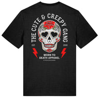 Cute & Creepy Gang red rose Dead Cute Sugar Skull black T-shirt - front and back print