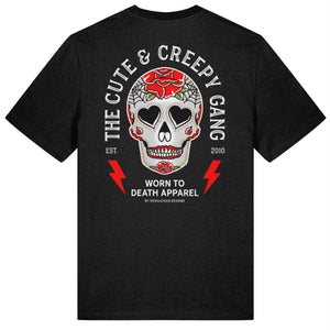 Cute & Creepy Gang red rose Dead Cute Sugar Skull black T-shirt - front and back print