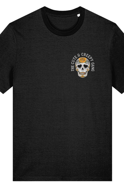 Cute & Creepy Gang Yellow Rose Dead Cute Sugar Skull Black T-shirt - front and back print