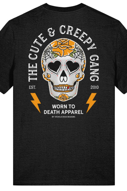 Cute & Creepy Gang Yellow Rose Dead Cute Sugar Skull Black T-shirt - front and back print