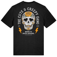 Cute & Creepy Gang Yellow Rose Dead Cute Sugar Skull Black T-shirt - front and back print