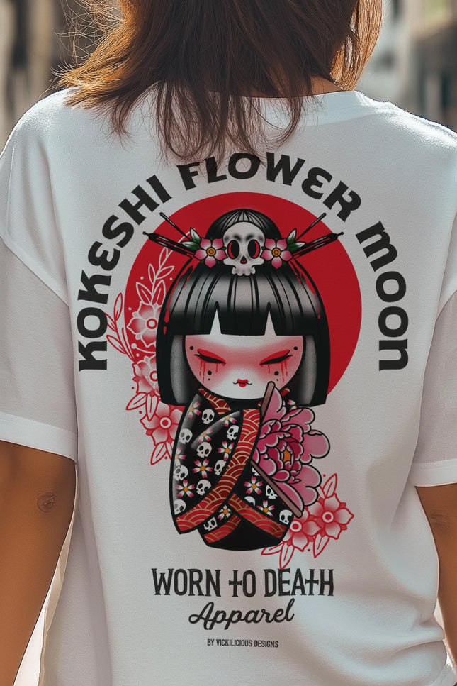 Kokeshi Flower Moon | Front & Back Print White T-shirt