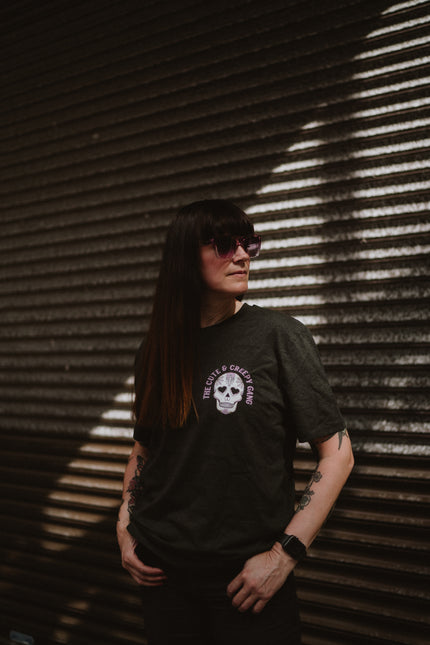 Dead Cute Sugar Skull Pink Cross & Rose | Back & front Print Grey T-shirt