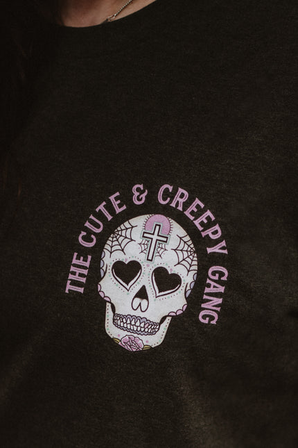 Dead Cute Sugar Skull Pink Cross & Rose | Back & front Print Grey T-shirt