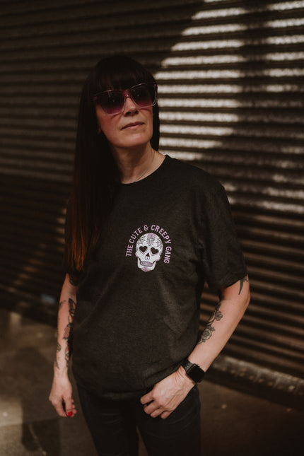 Dead Cute Sugar Skull Pink Cross & Rose | Back & front Print Grey T-shirt