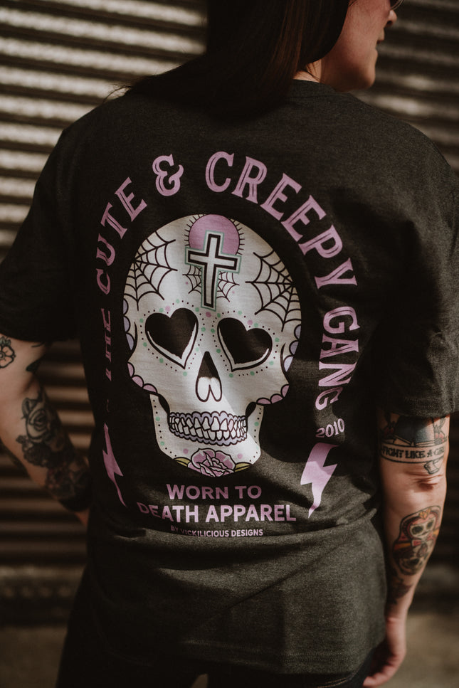 Dead Cute Sugar Skull Pink Cross & Rose | Back & front Print Grey T-shirt