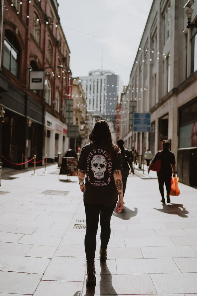 Dead Cute Sugar Skull Pink Cross & Rose | Back & front Print Grey T-shirt