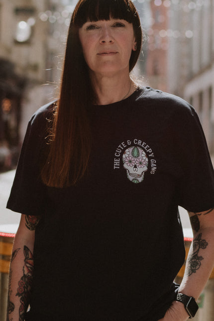 Dead Cute Sugar Skull | Daisy Eyes | Front & Back Print Navy T-shirt