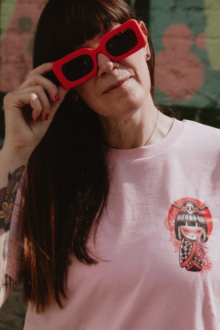 Kokeshi Flower Moon | Front & Back Print Pink T-shirt