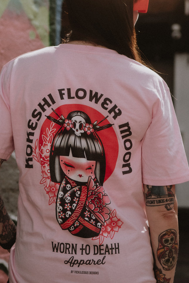 Kokeshi Flower Moon | Front & Back Print Pink T-shirt