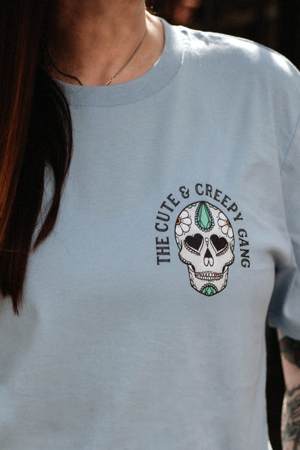 Dead Cute Sugar Skull Ditsy Daisy | Front & Back Print Blue T-shirt