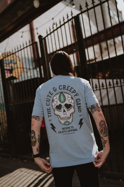 Dead Cute Sugar Skull Ditsy Daisy | Front & Back Print Blue T-shirt