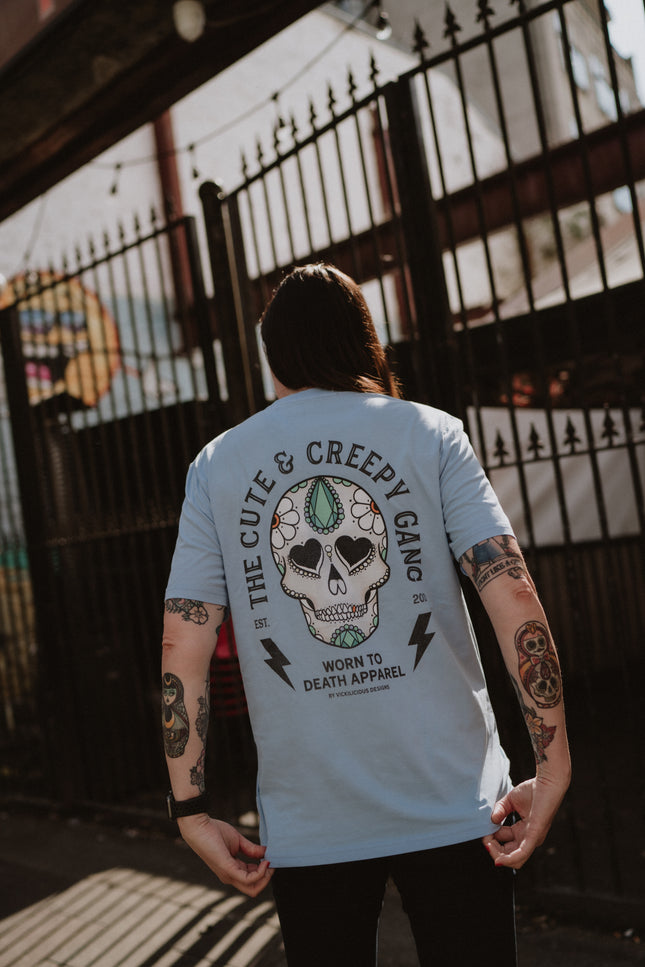 Dead Cute Sugar Skull Ditsy Daisy | Front & Back Print Blue T-shirt
