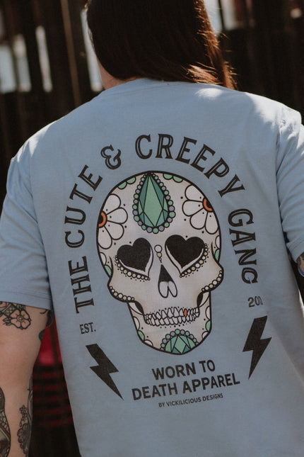 Dead Cute Sugar Skull Ditsy Daisy | Front & Back Print Blue T-shirt