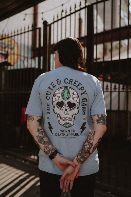 Dead Cute Sugar Skull Ditsy Daisy | Front & Back Print Blue T-shirt
