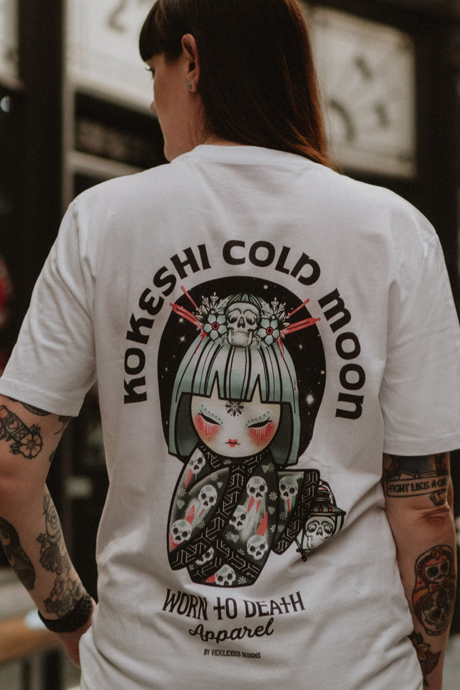 Kokeshi Cold Moon | Front & Back Print White T-shirt
