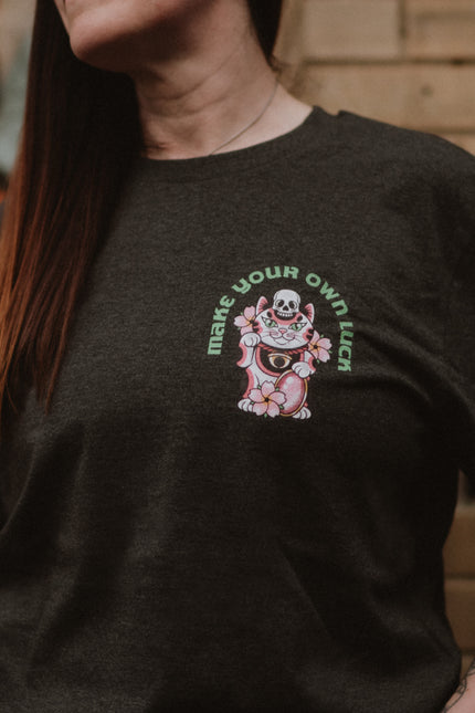 Cute & Creepy Gang | Make Your Own Luck Maneki Neko | Front & Back Print Grey T-shirt