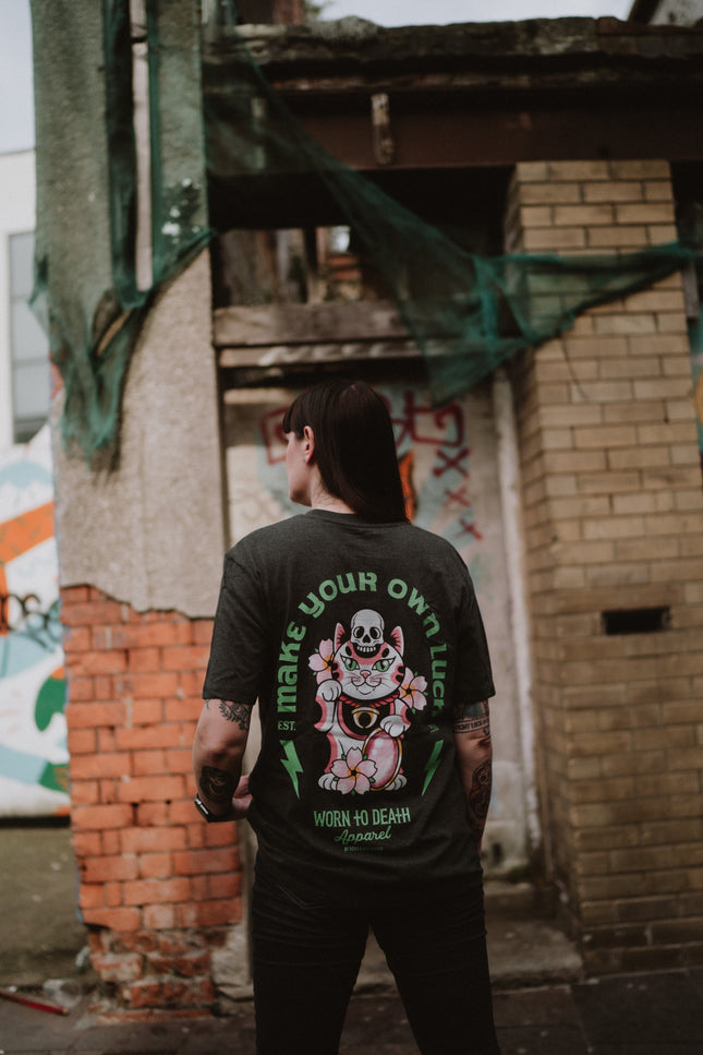 Cute & Creepy Gang | Make Your Own Luck Maneki Neko | Front & Back Print Grey T-shirt