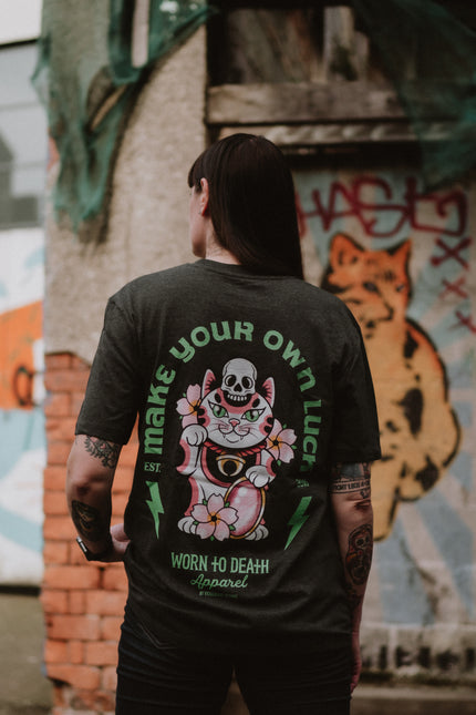 Cute & Creepy Gang | Make Your Own Luck Maneki Neko | Front & Back Print Grey T-shirt