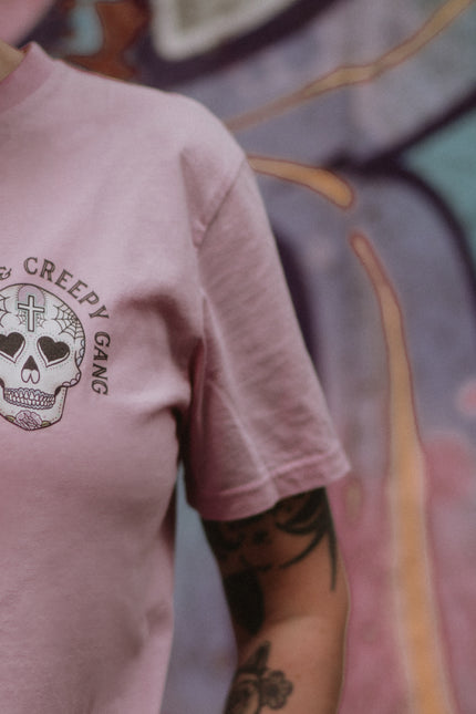 Cute & Creepy Gang Candy |  Dead Cute Sugar Skull Pink Cross | Front & Back Print Pink T-shirt