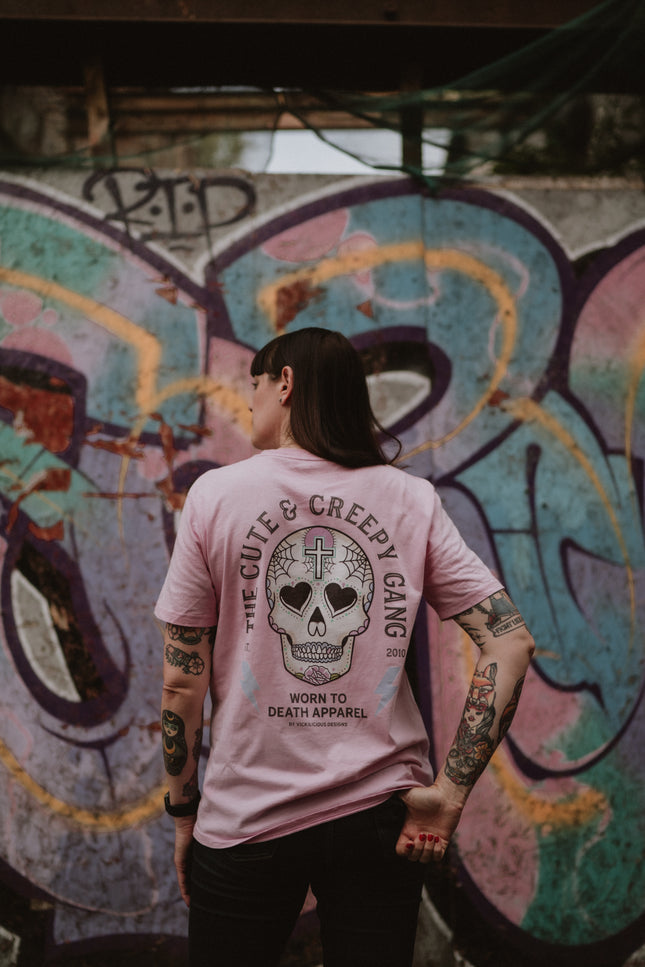 Cute & Creepy Gang Candy |  Dead Cute Sugar Skull Pink Cross | Front & Back Print Pink T-shirt