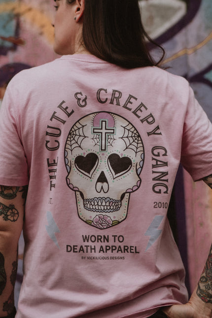Cute & Creepy Gang Candy |  Dead Cute Sugar Skull Pink Cross | Front & Back Print Pink T-shirt