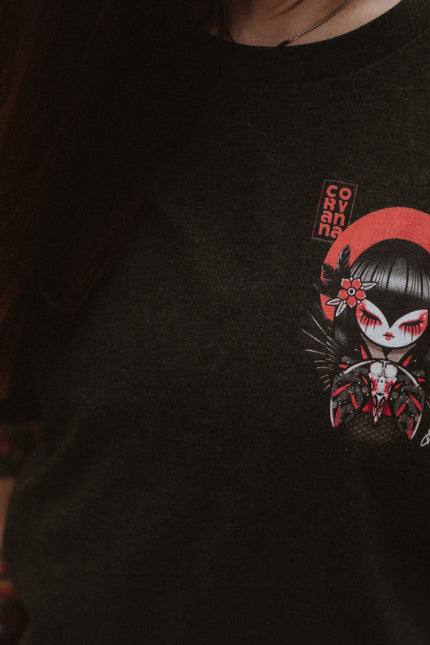 Corvanna Crow Moon Kokeshi Doll | Front & Back Print Grey T-shirt