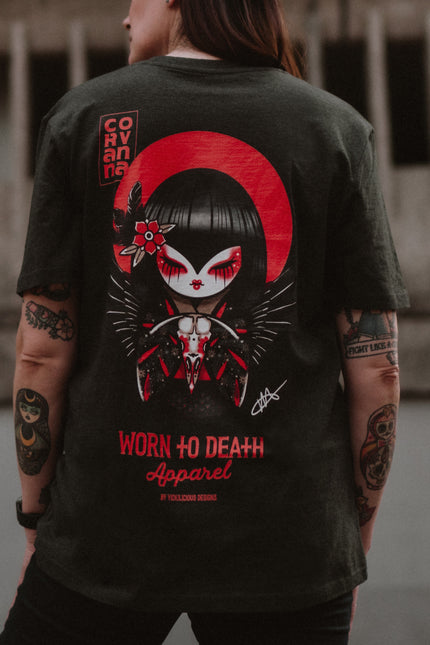 Corvanna Crow Moon Kokeshi Doll | Front & Back Print Grey T-shirt