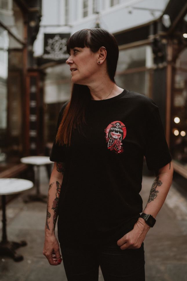 Kokeshi Flower Moon | Front & Back Print Black T-shirt