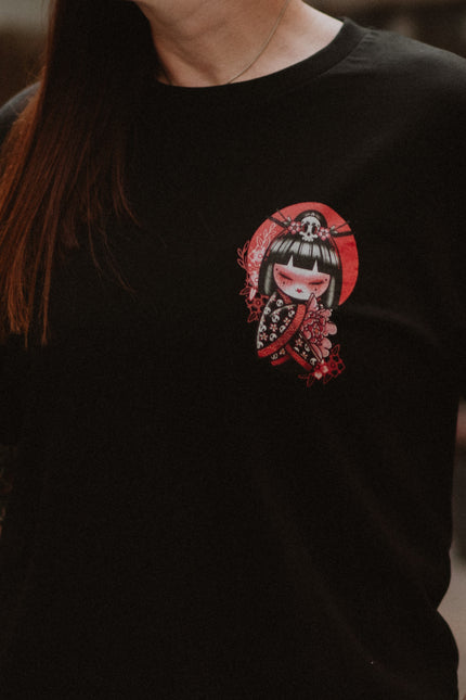 Kokeshi Flower Moon - Cute & Creepy Gang Black T-shirt - Front & Back Print