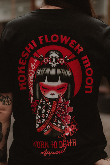 Kokeshi Flower Moon - Cute & Creepy Gang Black T-shirt - Front & Back Print
