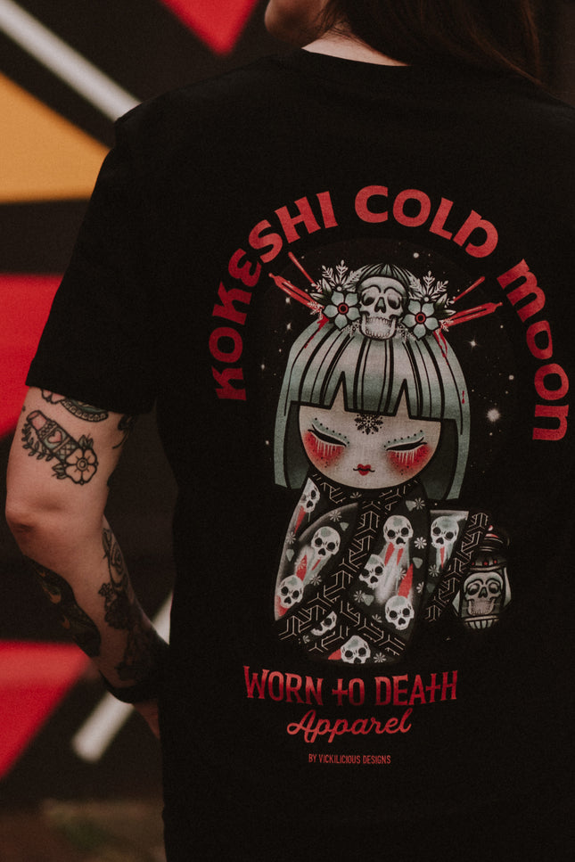 Kokeshi Cold Moon | Front & Back Print Black T-shirt