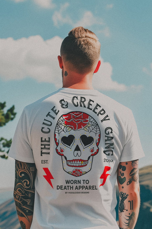 Dead Cute Sugar Skull | Red Rose Skull White T-shirt | Front & Back Print