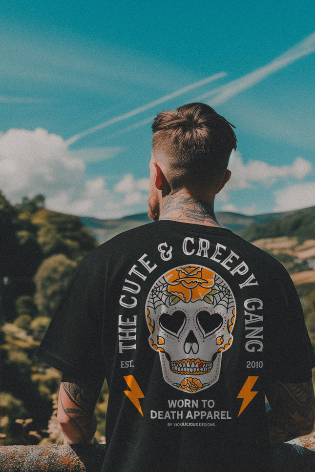 Cute & Creepy Gang Yellow Rose Dead Cute Sugar Skull Black T-shirt - front and back print