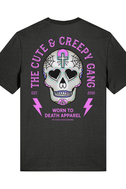Dead Cute Sugar Skull Pink Cross & Rose | Back & front Print Grey T-shirt